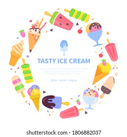 Tasty ice cream - vector flat design style banner with copy space for your text. Colorful template with tasty scoops, popsicle, fruit, stick, sugar cone, soft serve, chocolate bar. Summer time theme