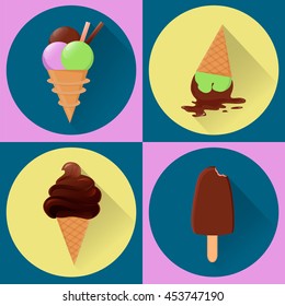 Tasty ice cream. Vector flat icons. Set