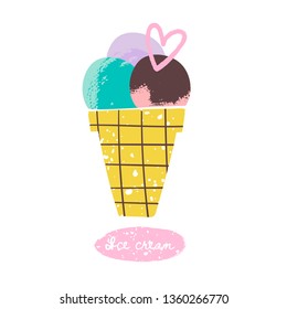 Tasty ice cream. Waffle cone with three various balls. Hand drawn vector colored trendy illustration. Flat design. Watercolor style. Stamp texture. Perfect for textile print