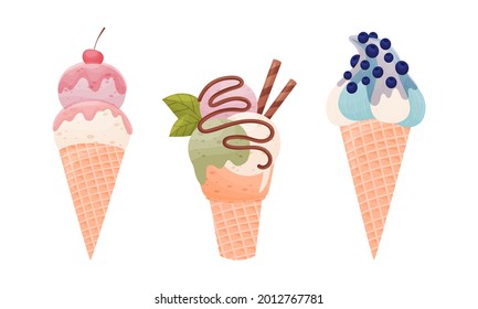 Tasty Ice Cream in Waffle Cone as Sweetened Frozen Food Vector Set