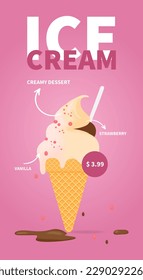 Tasty ice cream in waffle cone with strawberry and vanilla. Banner ads. Vector illustration