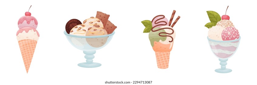 Tasty Ice Cream in Waffle Cone and Cup as Sweetened Frozen Food Vector Set