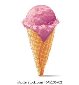 Tasty Ice Cream  In Waffle Cone Color. Vector Illustration. Isolated Objects On A White Background