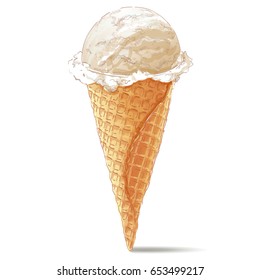 tasty ice cream in waffle cone. Vector watercolor illustration. Isolated objects on a white background
