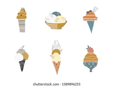 Tasty ice cream in waffle cones and cups. For an ice cream party or greeting card. For business identity and branding.