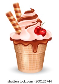 Tasty ice cream in waffle cup with chocolate and cherry. Vector. Isolated on white background.