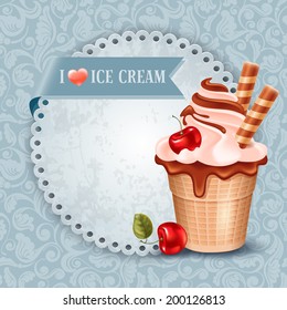 Tasty ice cream in waffle cup with chocolate and cherry on ornate background. Vector illustration.