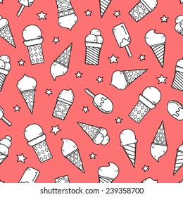 Tasty ice creams seamless pattern. Hand drawing color sketch vector illustration. 