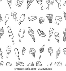 Tasty ice creams seamless pattern. Monochrome Hand drawing sketch vector illustration.