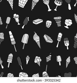 Tasty ice creams seamless pattern. Monochrome Hand drawing sketch vector illustration.