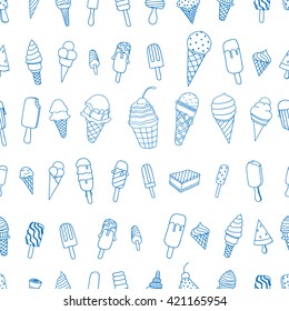 Tasty ice creams seamless pattern. Monochrome Hand drawing sketch vector illustration.