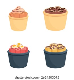 Tasty icecream icons set cartoon vector. Fresh rolled ice cream in cup. Dessert, sweet food