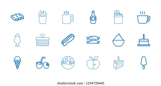 Tasty icon. collection of 18 tasty outline icons such as sausage, cake with one candle, tea, ice cream on stick, maple syrup. editable tasty icons for web and mobile.