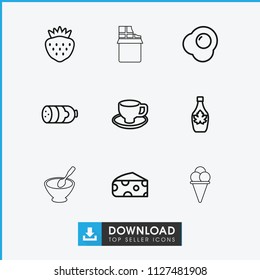 Tasty icon. collection of 9 tasty outline icons such as sausage, cheese, maple syrup, coffee cup, strawberry, egg, porridge. editable tasty icons for web and mobile.