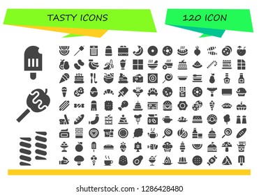  tasty icon set. 120 filled tasty icons. Simple modern icons about  - Popsicle, Marshmallow, Caramelized apple, Watermelon, Treats, Candy, Chocolate fudge, Banana, Donut, Doughnut