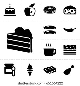 Tasty icon. set of 13 filled tastyicons such as sausage, cheese, baby food, cake with one candle, ice cream, donut, pepper, meat leg, apple, tea, cake