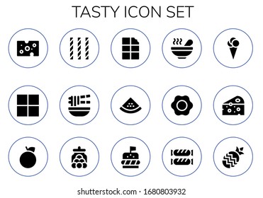 tasty icon set. 15 filled tasty icons.  Simple modern icons such as: Cheese, Delicious, Candy, Noodle, Chocolate, Watermelon, Soup, Fried egg, Ice cream, Orange, Candy jar, Burger