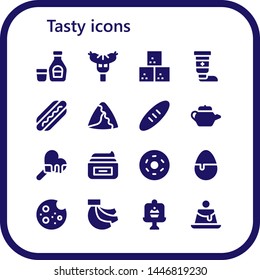 tasty icon set. 16 filled tasty icons.  Simple modern icons about  - Syrup, Sausage, Sugar cube, Cream, Hot dog, Samosa, Bread, Tea pot, Ice cream, Doughnut, Candy, Cookie, Bananas