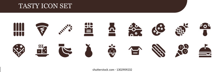  tasty icon set. 18 filled tasty icons.  Simple modern icons about  - Cookie, Crepe, Candy cane, Chocolate, Mustard, Cheese, Pineapple, Mushroom, Tofu, Bananas, Pear, Strawberry