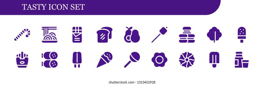 tasty icon set. 18 filled tasty icons.  Collection Of - Candy cane, Spaghetti, Chocolate, Bread, Avocado, Marshmallow, Macaron, Lettuce, Ice cream, Fries, Salami, Popsicle, Lollipop