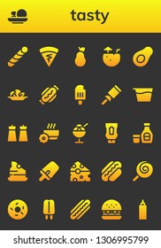 tasty icon set. 26 filled tasty icons.  Collection Of - Stick candy, Cakes, Crepe, Pear, Coconut water, Avocado, Mushroom, Hot dog, Popsicle, Candy, Syrup, Salt, Bowl, Ice cream