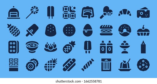 tasty icon set. 32 filled tasty icons. on blue background style Simple modern icons such as: Cake, Pineapple, Biscuit, Chocolate, Sweet, Popsicle, Soup, Gumdrop, Bitterballen