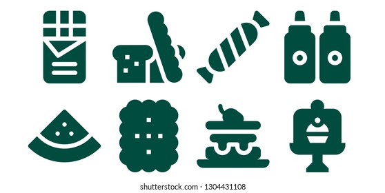tasty icon set. 8 filled tasty icons.  Simple modern icons about  - Watermelon, Chocolate, Cookie, Bread, Cake, Candy, Sauces