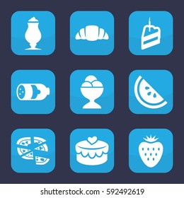 tasty icon. Set of 9 filled tasty icons such as sausage, pizza, ice cream ball, milkshake, croissant, heart lock, piece of cake, watermelon