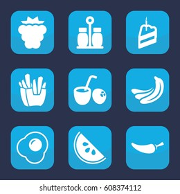 Tasty icon. set of 9 filled tasty icons such as mulberry, banana, french fries, pepper, piece of cake, egg, watermelon