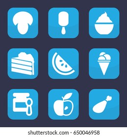 Tasty icon. set of 9 filled tasty icons such as mushroom, baby food, ice cream on stick, ice cream, milkshake, meat leg, apple, watermelon