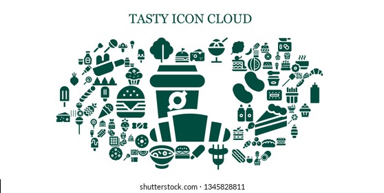 tasty icon set. 93 filled tasty icons.  Simple modern icons about  - Croissant, Burger, Lollipop, Lettuce, Cheese, Ice cream, Sausage, Soup, Beet, Mushroom, Syrup, Muffin, Fry