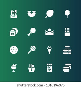 tasty icon set. Collection of 16 filled tasty icons included Macaron, Chocolate, French fries, Ice cream, Macarons, Lollipop, Cookie, Chocolate bar, Concave, Chicken leg, Cream