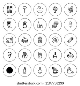 Tasty icon set. collection of 25 outline tasty icons with apple, bread, candy, chocolate, caramelized apple, cheesecake, cream, ice cream, french fries icons. editable icons.