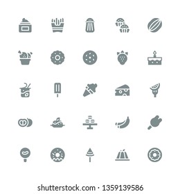 tasty icon set. Collection of 25 filled tasty icons included Donut, Pudding, Watermelon, Doughnut, Sausage, Ice cream, Banana, Macaron, Tomato, Cheese, Ice lolly, Yogurt, Cake