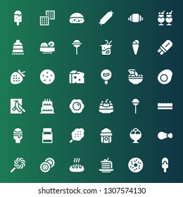 tasty icon set. Collection of 36 filled tasty icons included Ice cream, Doughnut, Cake, Bread, Biscuits, Lollipop, Chicken leg, Popcorn, Cotton candy, Mayonnaise, Icecream, Chocolate bar