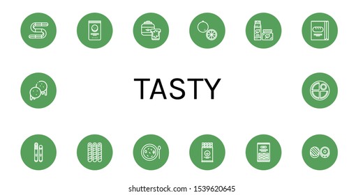 tasty icon set. Collection of Gummy, Chocolate chip, Peanut butter, Orange, Cream, Bread, Toffee, Wafer, Soup, Pasta, Chocolate, Arepas, Pancake icons