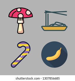 tasty icon set. vector set about noodles, mushroom, candy cane and bananas icons set.