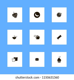 tasty icons. banana, boiled pan, burger and cupcake heart vector icons set