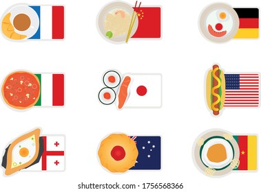 Tasty icons, food of different countries, cruasan and coffee, noodles with shrimp, sausage, pizza, sushi, hot dog, khachapuri, meat pie and fufu