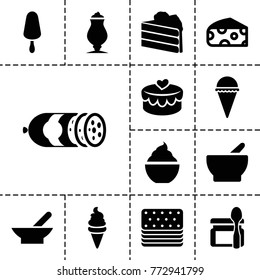 Tasty icons. set of 13 editable filled tasty icons such as bowl, cheese, cake, ice cream, ice cream on stick, milkshake, heart lock, sausage, baby food