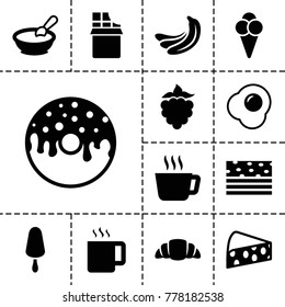 Tasty icons. set of 13 editable filled tasty icons such as banana, porridge, tea, ice cream on stick, donut, croissant, piece of cake, ice cream, egg, cheese, mulberry
