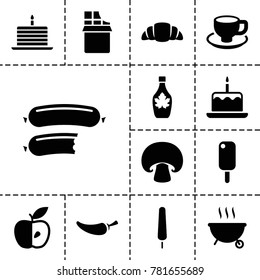 Tasty icons. set of 13 editable filled tasty icons such as cake with one candle, ice cream, ice cream on stick, maple syrup, pepper, coffee cup, croissant, apple, barbeque