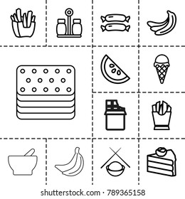 Tasty icons. set of 13 editable outline tasty icons such as sausage, banana, cake, french fries, pepper, asian food, watermelon, ice cream, bowl, chocolate