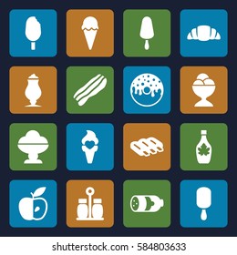 tasty icons set. Set of 16 tasty filled icons such as sausage, ice cream on stick, donut, ice cream ball, maple syrup, milkshake, croissant, apple, ice cream, bacon