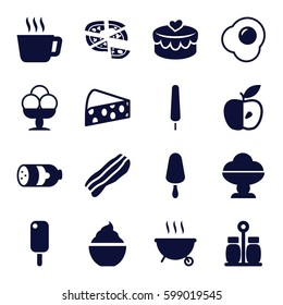 tasty icons set. Set of 16 tasty filled icons such as sausage, ice cream on stick, pizza, milkshake, apple, heart lock, bacon, pepper, egg, cheese, ice cream, barbeque