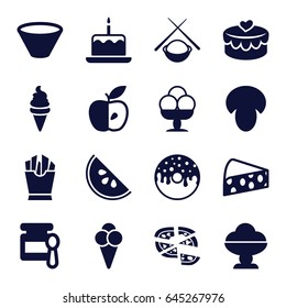 Tasty icons set. set of 16 tasty filled icons such as mushroom, baby food, cake with one candle, ice cream, french fries, donut, pizza, apple, heart lock, bowl, asian food