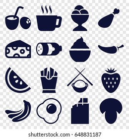 Tasty icons set. set of 16 tasty filled icons such as mushroom, sausage, banana, cheese, french fries, ice cream ball, pepper, milkshake, meat leg, asian food, egg