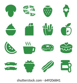 Tasty icons set. set of 16 tasty filled icons such as sausage, mushroom, mulberry, baby food, french fries, donut, pizza, milkshake, apple, ice cream, heart lock, bacon