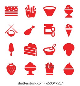 Tasty icons set. set of 16 tasty filled icons such as mushroom, baby food, porridge, french fries, ice cream on stick, ice cream, ice cream ball, milkshake, meat leg, bowl