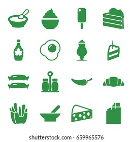 Tasty icons set. set of 16 tasty filled icons such as bowl, sausage, porridge, french fries, maple syrup, pepper, milkshake, croissant, piece of cake, egg, cheese, chocolate